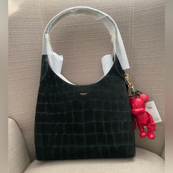 Coach Handbags - Coach Brooklyn Shoulder Bag 28 Black suede Crocodile-Embossed new